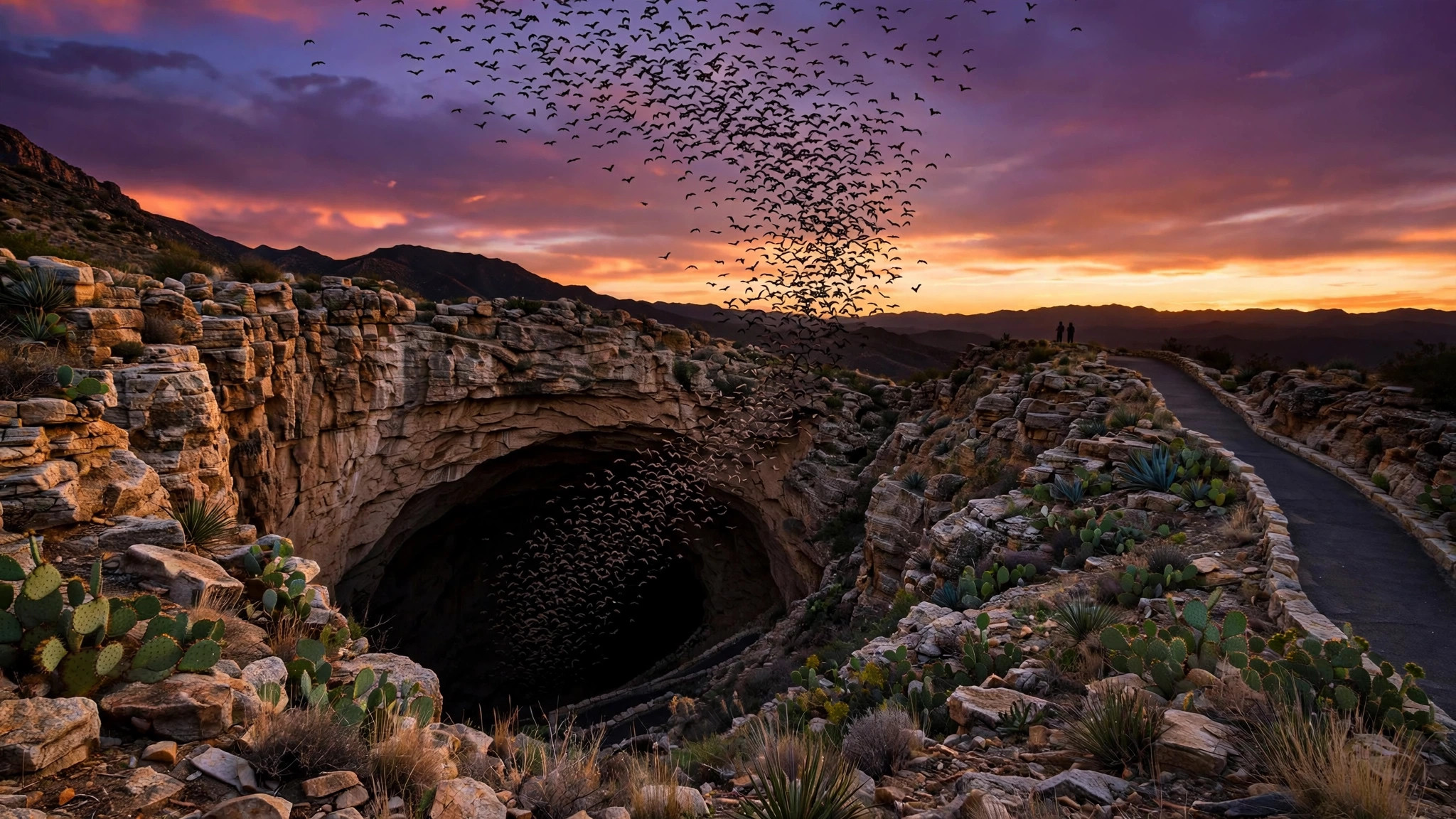Bats streaming from the Carlsbad Caverns natural entrance at dusk