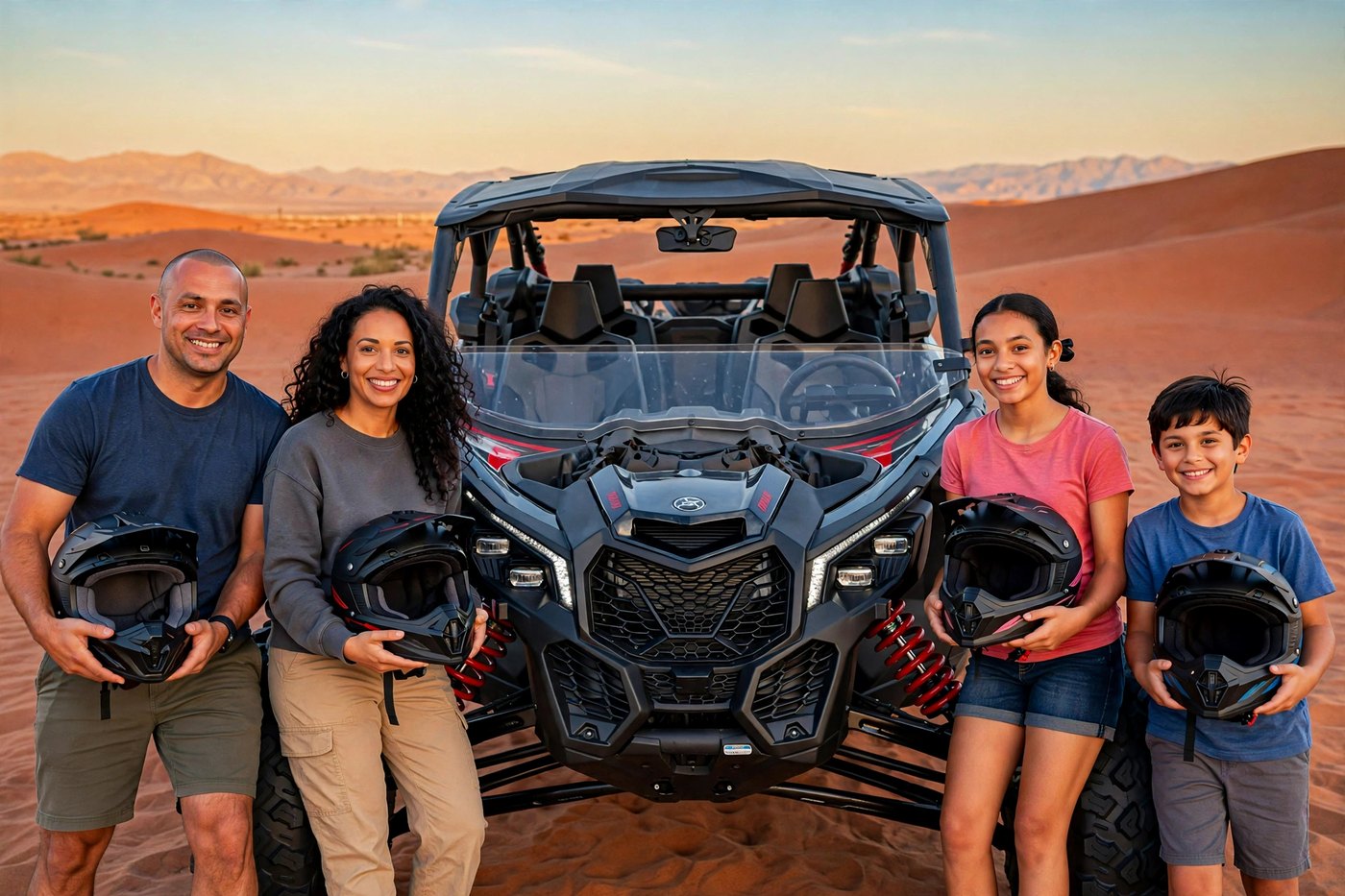 Family of four holding helmets in front of a 2026 Can-Am Maverick X3 at Red Sands