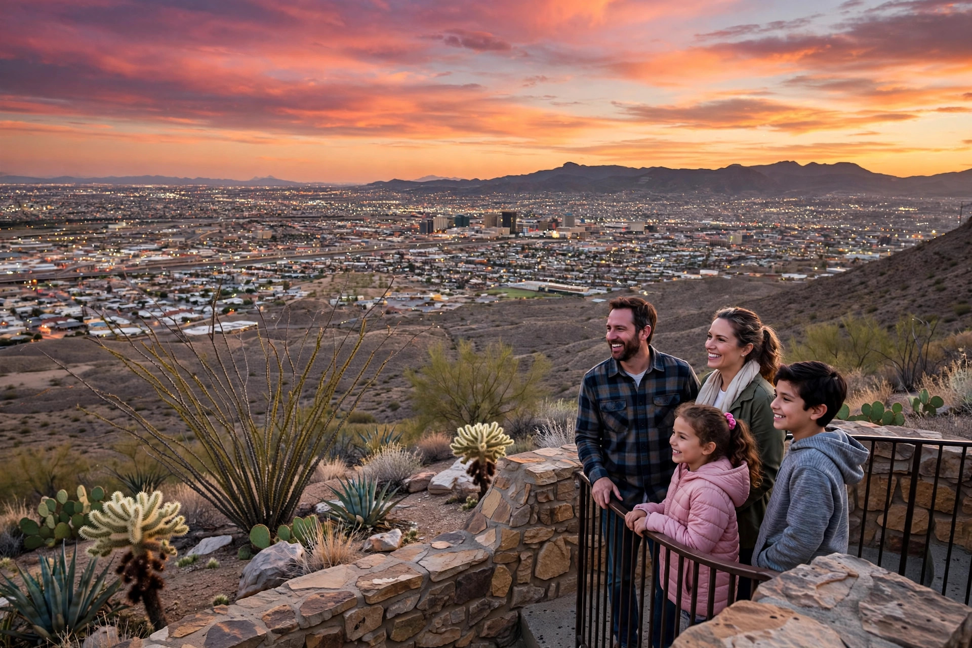 Family watching the sunset over El Paso and Ciudad Juarez from the Scenic Drive overlook