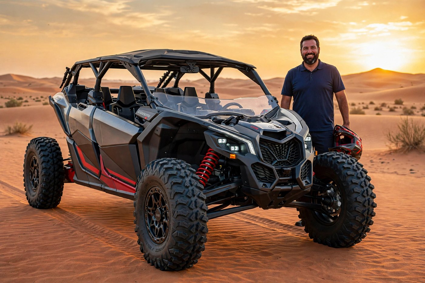 Smiling solo rider holding a helmet beside a 2026 Can-Am Maverick X3 at Red Sands